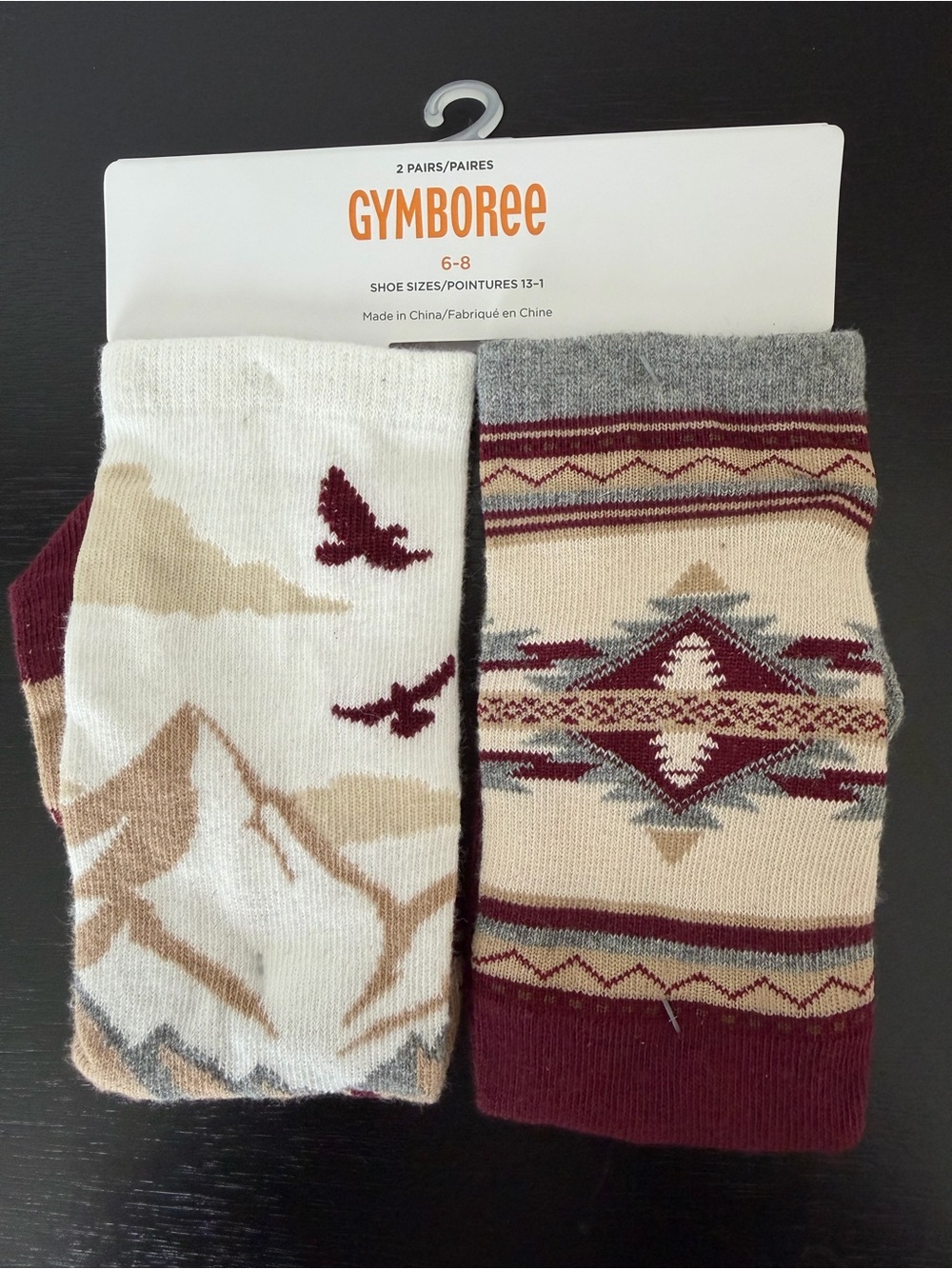 Gymboree Cream, Beige & Burgundy Patterned Kids Crew Socks - 2 Pack